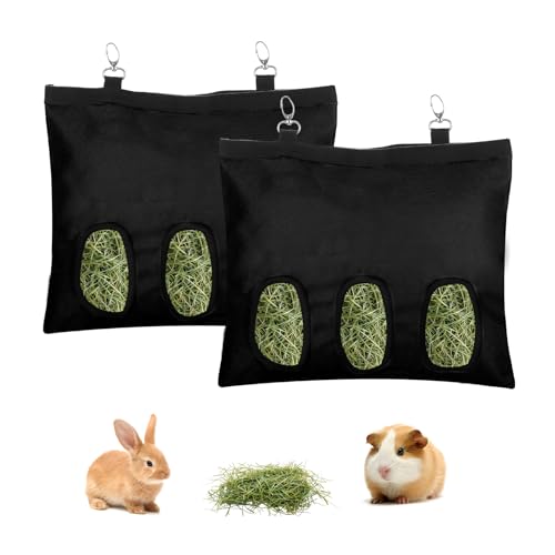 2 Pcs Rabbit Hay Feeder,Guinea Pig Hay Feeder,13×10.8 Inch Guinea Pig Bag,Small Animal Feeding Bag for Rabbits, Hamsters, Hedgehogs (3 Holes,Black)