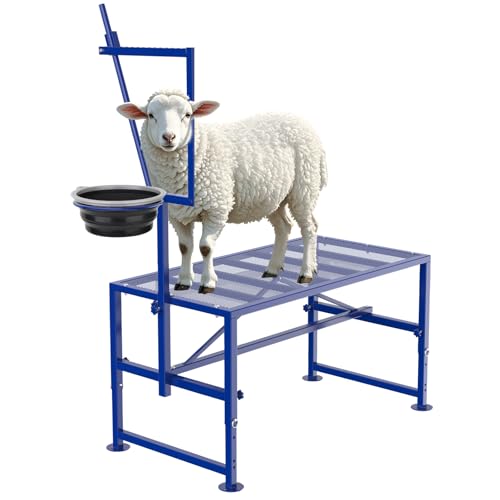 Goat Stand for Milking with Feed Bin, 600LBs Goat Milking Stand for Sheep Trimming Hoof, Use for Livestock, Iron Blue, Adjustable Size