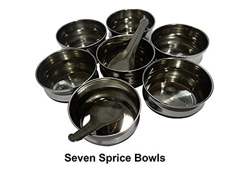 Chanaksha Trading Spice Container Stainless Steel Round Spices Box Kitchen Masala Dabba - Spice Container - Masala Dabba - 7 Compartments with 2 Spoon, Airtight Silver Color