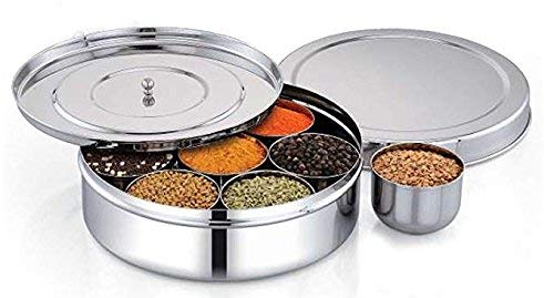 Chanaksha Trading Spice Container Stainless Steel Round Spices Box Kitchen Masala Dabba - Spice Container - Masala Dabba - 7 Compartments with 2 Spoon, Airtight Silver Color