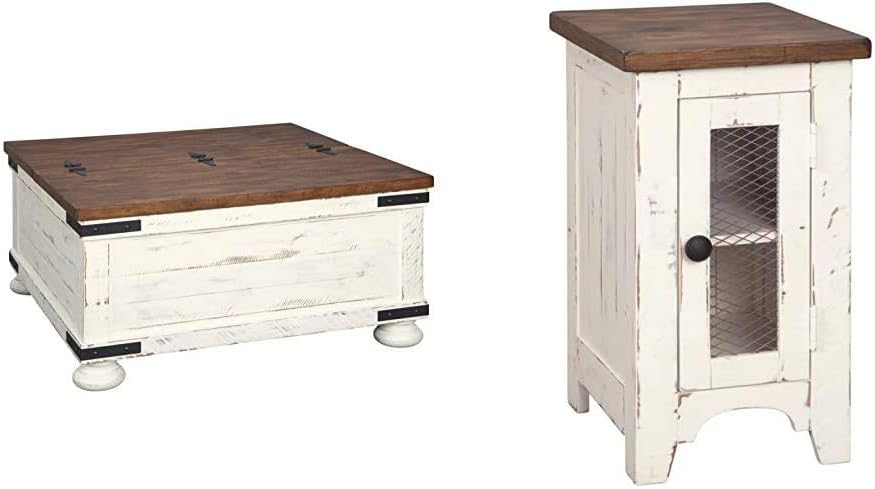 Signature Design by Ashley Wystfield Farmhouse Square Storage Coffee Table with Hinged Lift Top, Distressed White and Chair Side End Table with Cabinet Door for Storage, White & Brown