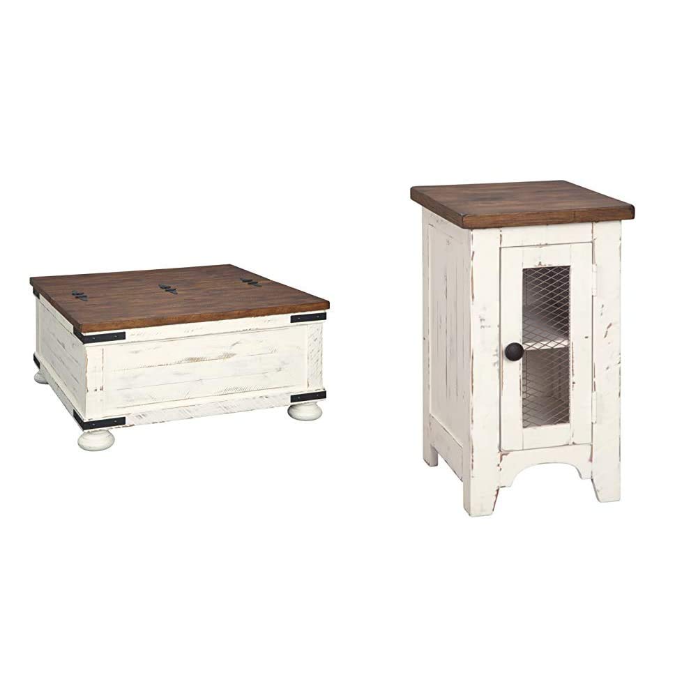 Signature Design by Ashley Wystfield Farmhouse Square Storage Coffee Table with Hinged Lift Top, Distressed White and Chair Side End Table with Cabinet Door for Storage, White & Brown