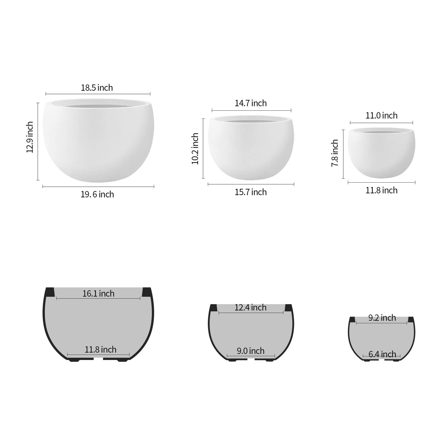 Kante 19.9",15.7",11.8" Dia Round Concrete Planter Set of 3, Outdoor/Indoor Large Bowl Plant Pots with Drainage Hole and Rubber Plug for Garden Patio Balcony Home, Pure White