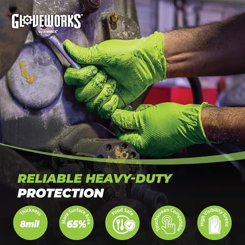 GLOVEWORKS HD Green Nitrile Industrial Disposable Gloves, 8 Mil, Latex-Free, Raised Diamond Texture, Large, Case of 1000