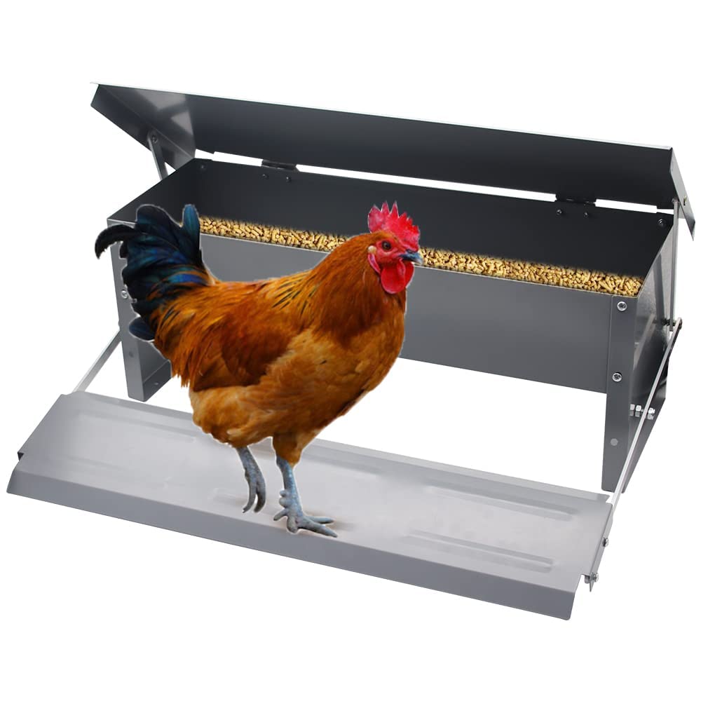 Abustle pig 5L Automatic Chicken Feeder Poultry Treadle Galvanized Steel Trough for Roosters Pheasant Chicken Outdoor Coop, Rat Proof with Weatherproof Lid