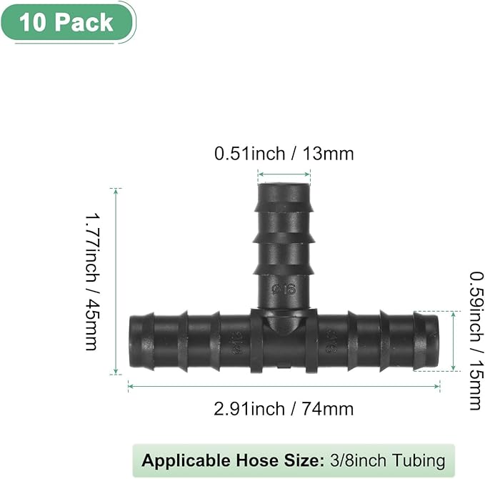 10-Pack Drip Irrigation Barbed Fittings, for 3/8 Inch Tees Tubing Connector Plastic Coupling Irrigation Parts for Garden/Greenhouse/Aquarium/Flower Pot, Drip Pipe Accessories