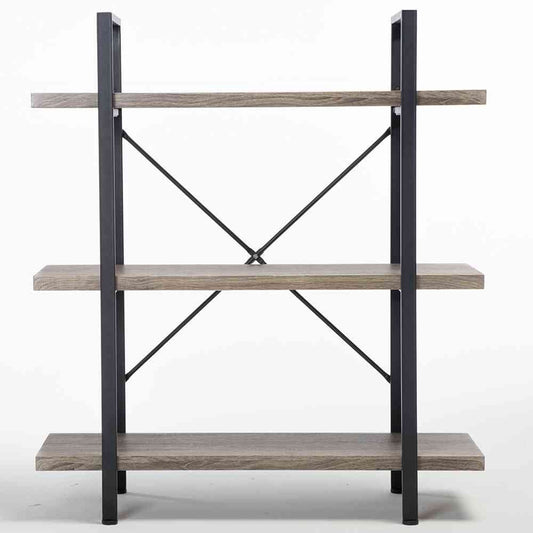 HSH 3-Shelf Bookcase, Rustic Gray 3 Tier Bookshelf, Vintage Industrial Wooden and Metal Display and Storage Bookshelves Tower for Home Office Livingroom Bedroom Light Grey Oak