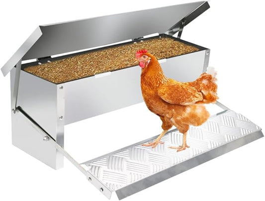 MODUODUO Automatic Chicken Feeder Treadle Poultry Feeders 11lb/5kg Feeding Trough for Chickens, Pheasants, or Roosters