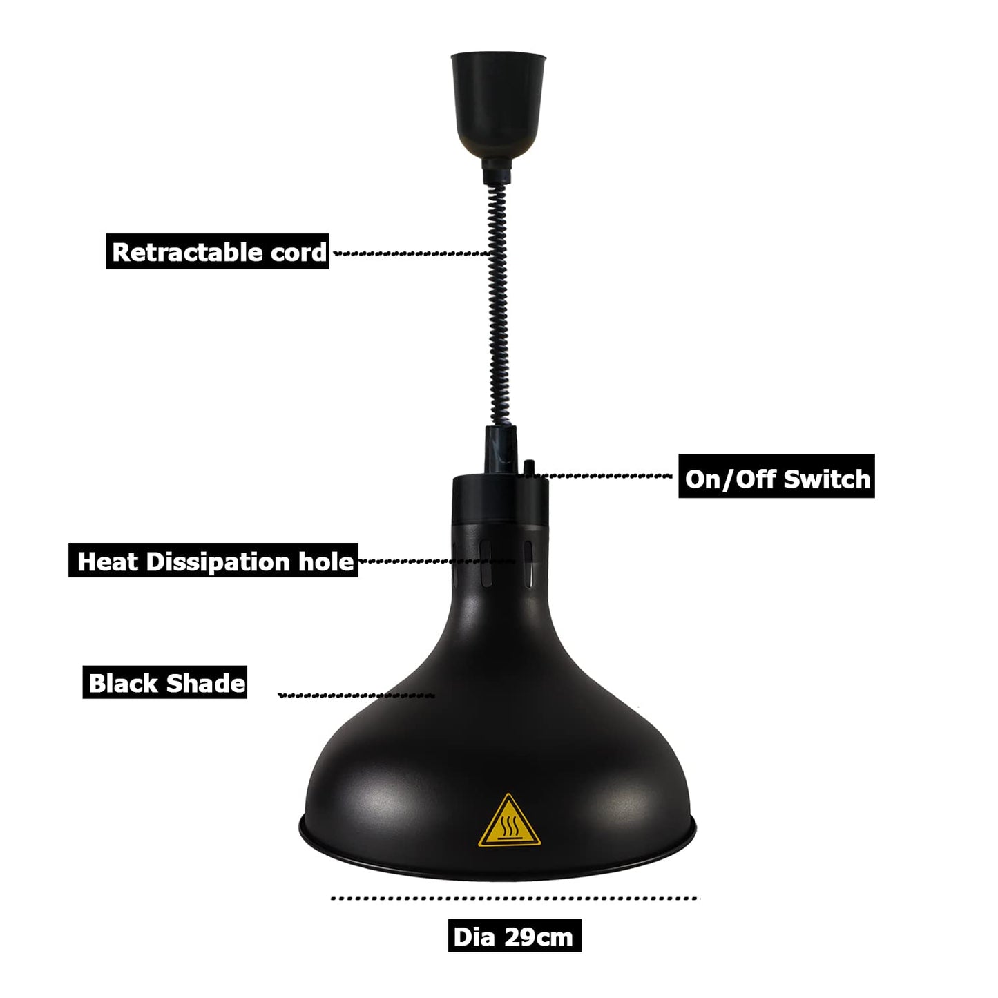 Generic Hanging Food Heat Lamp with Infrared Bulb Warming Lamps Retractable Style (Black, Dia 29cm)