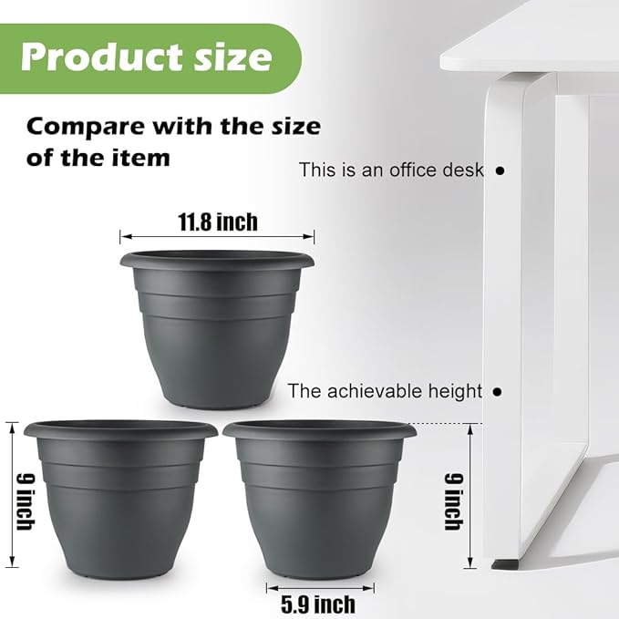 12 Inch Plant Pots, Large Planters for Outdoor Plants, Plastic Flower Pots - Durable and Lightweight with Drainage Holes (3 Packs, Gray)