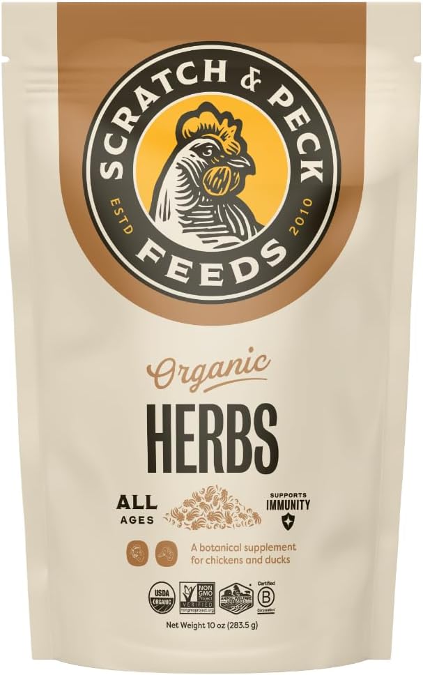 Scratch and Peck Dried Herbs Supplement for Chickens and Ducks - 10 oz Bag - Natural, Aromatic Nesting Box Herbs - Certified Organic and Non-GMO Project Verified