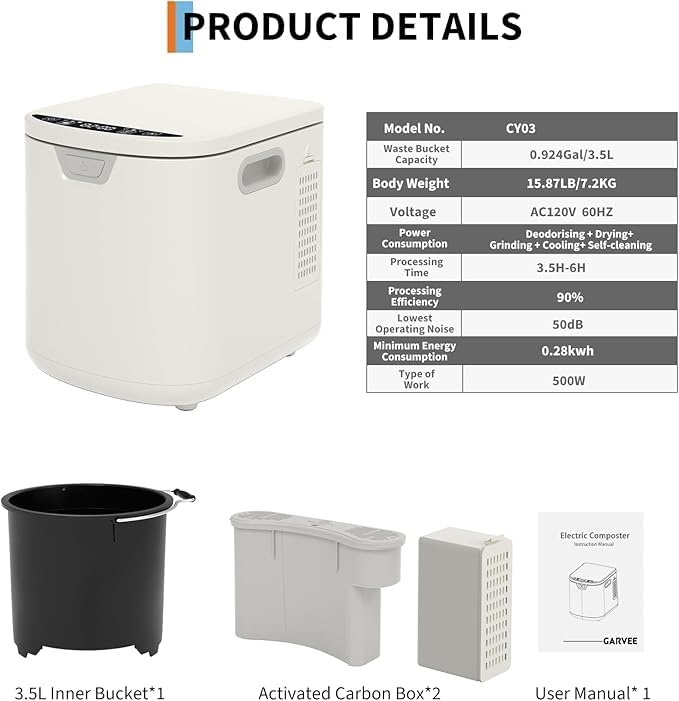 Tioutbot Electric Composter Countertop - 3.5L Kitchen Odorless Compost Bin, 3 Modes Smart Food Waste Compost Machine, Auto Cleaning, LED Display, Low Noise, Food Waste to Fertilizer Conversion