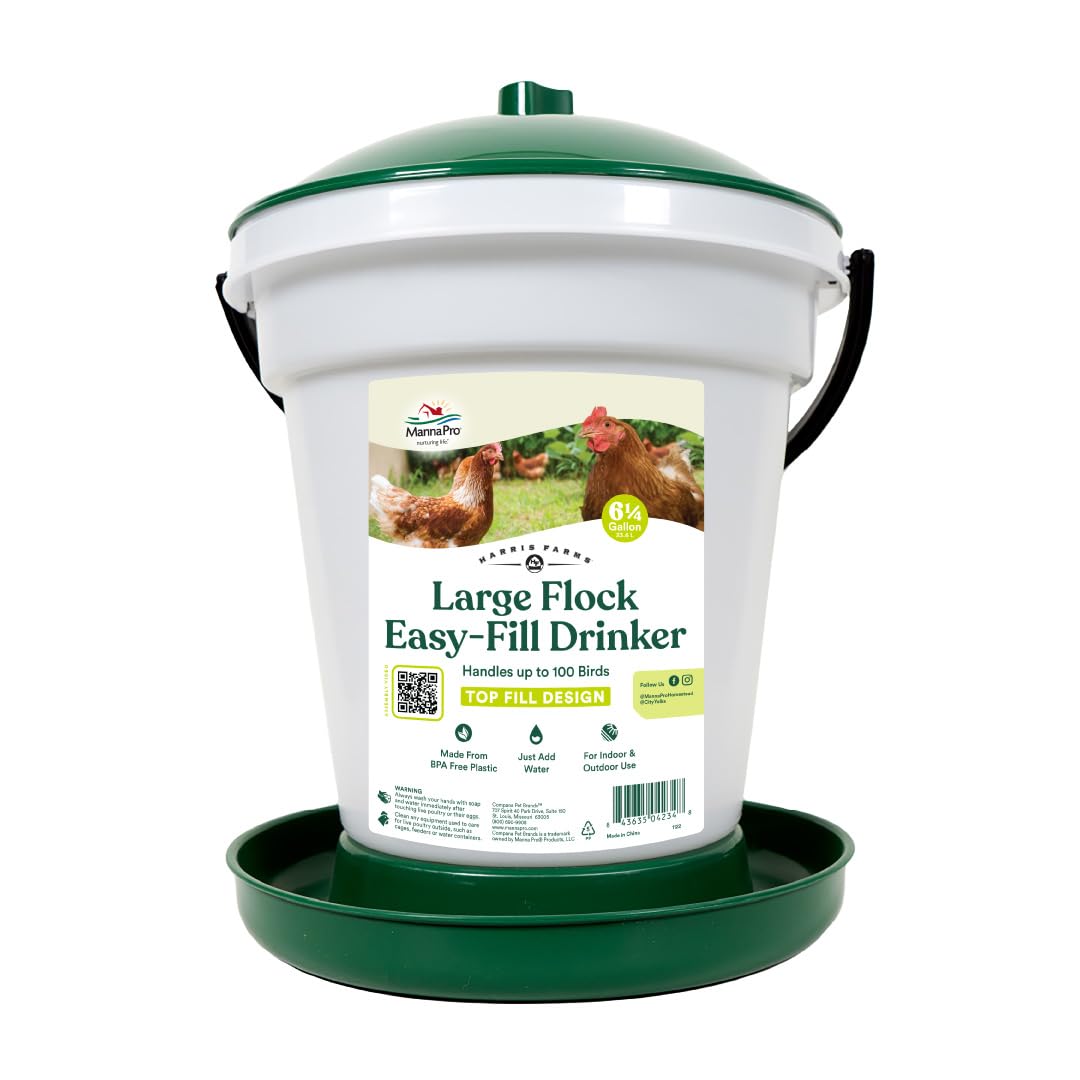 Harris Farms Large Flock Easy-Fill Poultry Drinker, Made with BPA-Free Plastic, Top Fill Design, 6.25 Gallon
