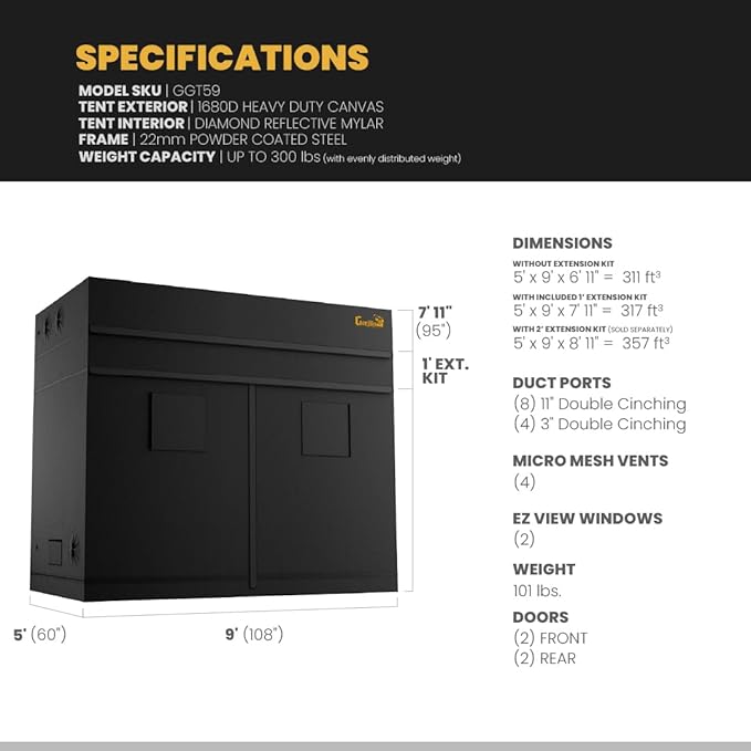 Gorilla Grow Tent Pro 5 x 9 x 6'11 to 7'11 w/Included Extension Kit - Tallest Premium Indoor Grow Tent, Thickest & Most Durable Gorilla Canvas, Strongest w/ 300lb Hang Capacity, Hydroponic Grow Box