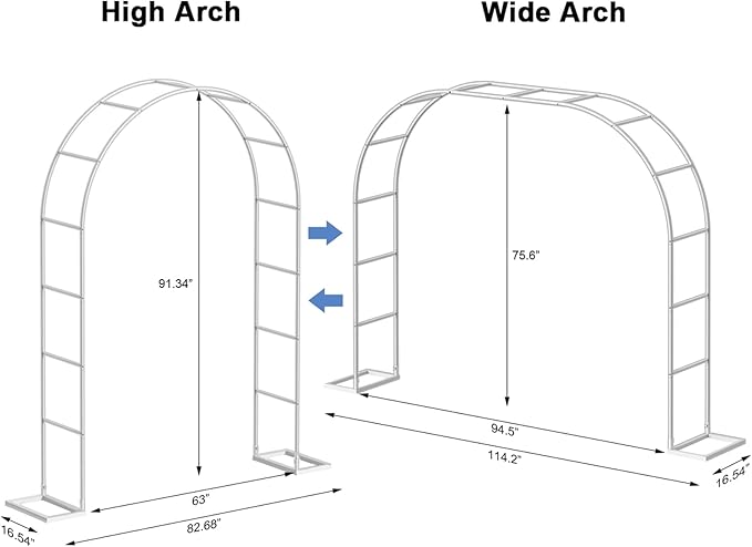HEOMU Garden Arch Trellis, Metal Garden Arbor with Base, 5.3'W x 7.6'H or 7.9'W x 6.3'H, Assemble Freely 2 Sizes, Arch Trellis for Climbing Plants Outdoor Wedding Bridal Party Decoration, White