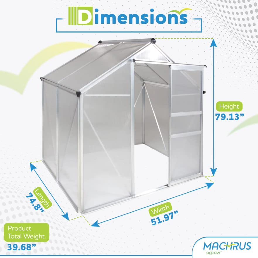 Machrus OGrow Small Greenhouses for Outdoors-Portable Walk in Large Greenhouse Kit for Plants - 4X6 Green Houses for Outside-Polycarbonate Greenhouse Panels with Vent Window, Heavy Duty Aluminum Frame
