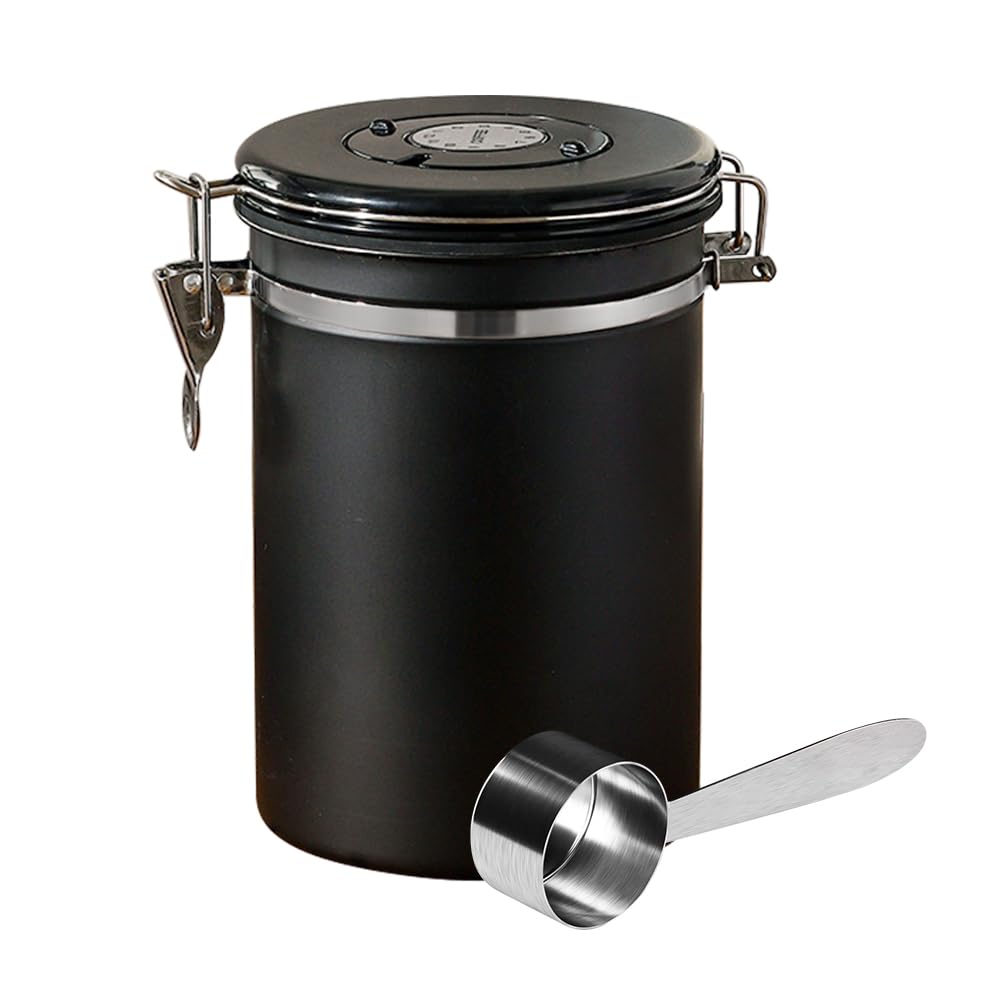 Joywoof Airtight Stainless Steel Coffee Canister,1.8L Coffee Bean Storage Container with Date Tracker and Scoop for Coffee Beans, Grounds, Tea, Flour, Cereal, Sugar, Large (Black)