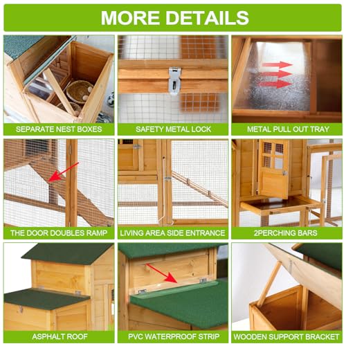 ECOLINEAR Large Chicken Coop with Wheels, Waterproof Outdoor Hen House for 6-8 Chickens, Movable Chicken House with Two Nesting Box, Removable Tray, PVC Cover, Wooden Duck Coop Rabbit Hutch