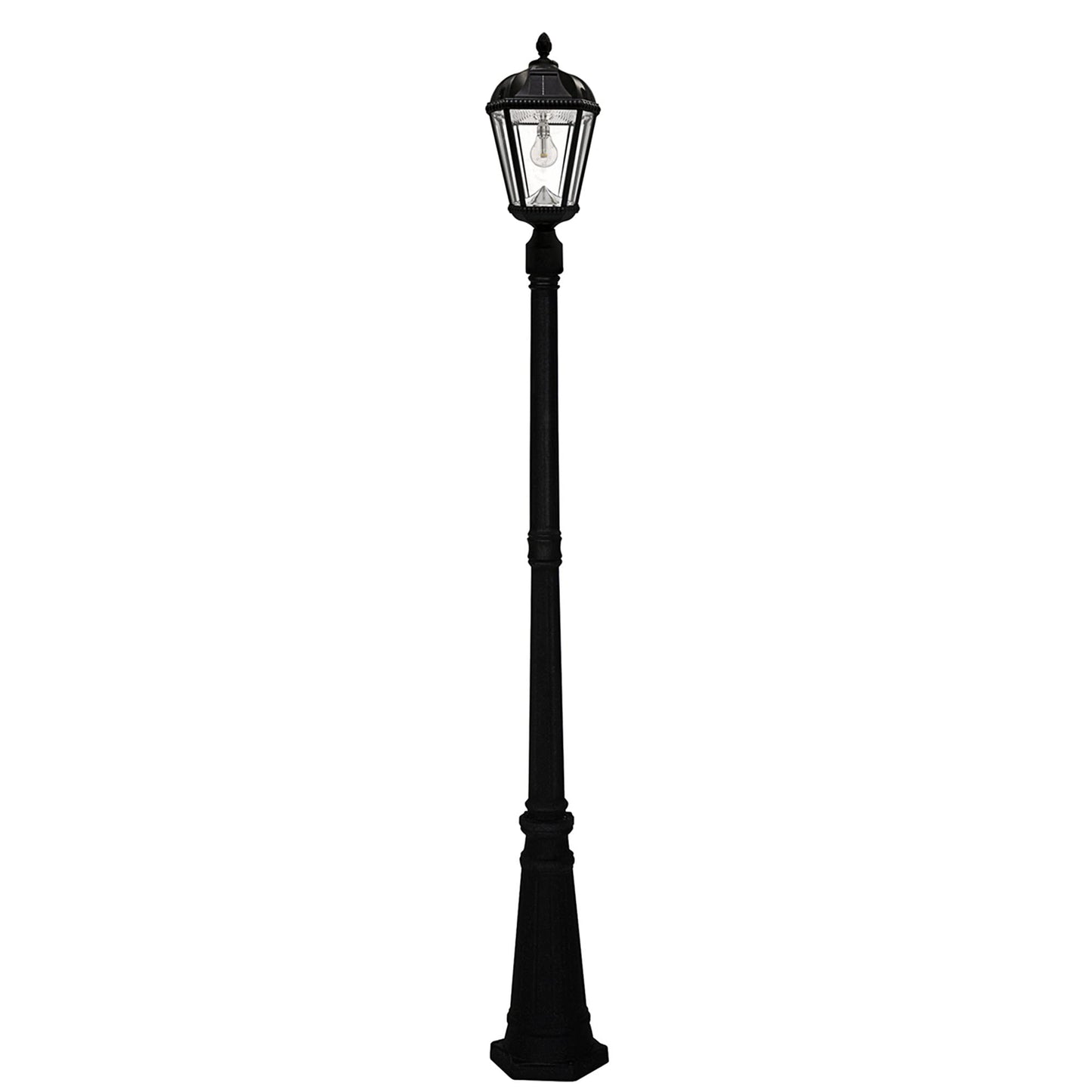 Gama Sonic Solar Outdoor Lamp Post Light, Black Cast Aluminum and Beveled Glass Panels, 10-Year Royal Bulb, Warm White LED with Omni-Direction Reflector, 87-inch Height, 98B001 (Upgraded Panel)