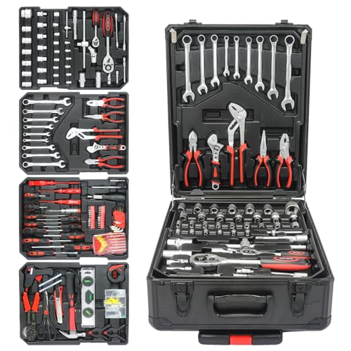 Black Hand Tool Box With 4 Layers Of Toolset,Aluminum Trolley Case Tool Set,Rolling Tool Case Box On Wheels,899pcs Household Hand Kit for House Repair, Garden, Office
