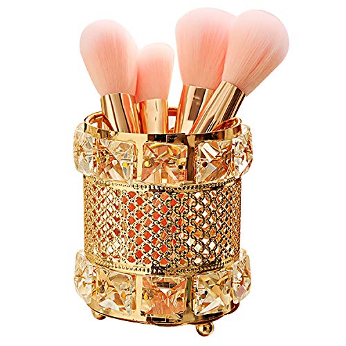 CY craft Gold Makeup Brush Holder,Brass Vintage Crystal Makeup Brush Organizer Handmade Cosmetic Brush Storage，Metal Eyebrow Pencil Pen Cup
