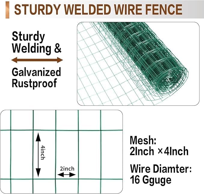 Tongmo 4 ft x 50 ft Green PVC Coated Welded Wire Fence, 16GA Garden Chicken Wire Fence Roll, Mesh Size 2" x 4" Hardware Cloth, Ideal for Yard Protection and Poultry Netting