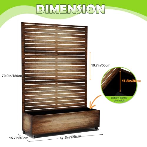 15.7"×70.9"×47.2" Metal Raised Garden Bed with Trellis and Wheels - Tall Trellis Planter Box for Climbing Plants, Vegetables & Vines - Outdoor Privacy Planters for Patio (Acacia Wood Grain-Louvered)
