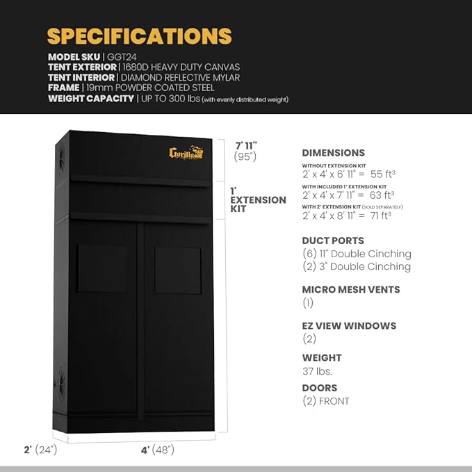 Gorilla Grow Tent Pro 2 x 4 x 6'11 to 7'11 w/Included Extension Kit - Tallest Premium Indoor Grow Tent, Thickest & Most Durable Gorilla Canvas, Strongest w/ 300lb Hang Capacity, Hydroponic Grow Box