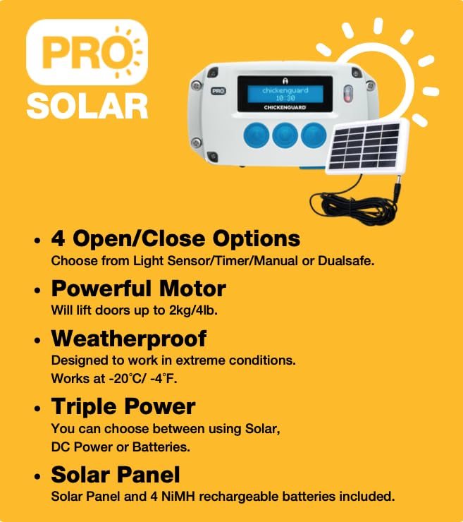 ChickenGuard Automatic Chicken Coop Door Opener, Power by Solar/Batteries/Electric. Strong Motor Lifts 2kg; Timer/Light Sensing; Motor Units only or Combination Kits (PRO + Solar Kit)