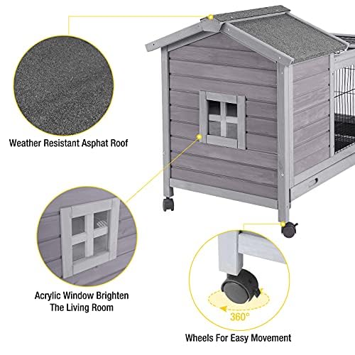 Aivituvin Wooden Rabbit Hutch with Removable Wire Floor Grid, Bunny Cage with Deeper Leakproof Tray 4 Wheels Include