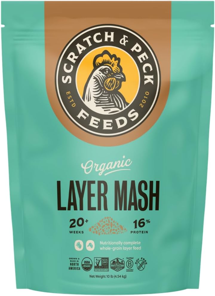 Scratch and Peck Whole Grain Layer Mash Chicken and Duck Feed - 10 lbs Bag - Corn-Free and Soy-Free - 16% Protein, Certified Organic and Non-GMO Project Verified Chicken Food