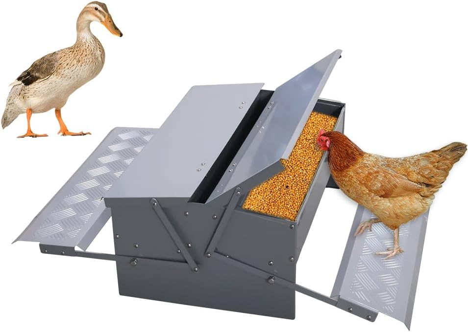 Automatic Chicken Feeder Treadle Feeding Trough, No Waste 25lbs Large Capacity Capacity Double-Side Treadle Auto Poultry Feeder, with Weatherproof Lid for for 6-12 Hens Fowl Duck
