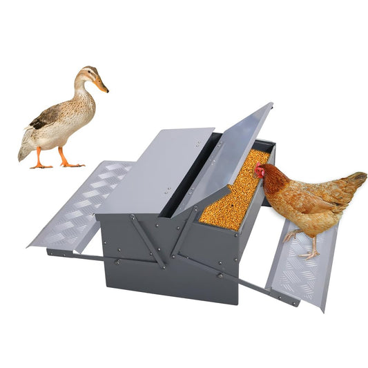 Automatic Chicken Feeder Treadle Feeding Trough, No Waste 25lbs Large Capacity Capacity Double-Side Treadle Auto Poultry Feeder, with Weatherproof Lid for for 6-12 Hens Fowl Duck