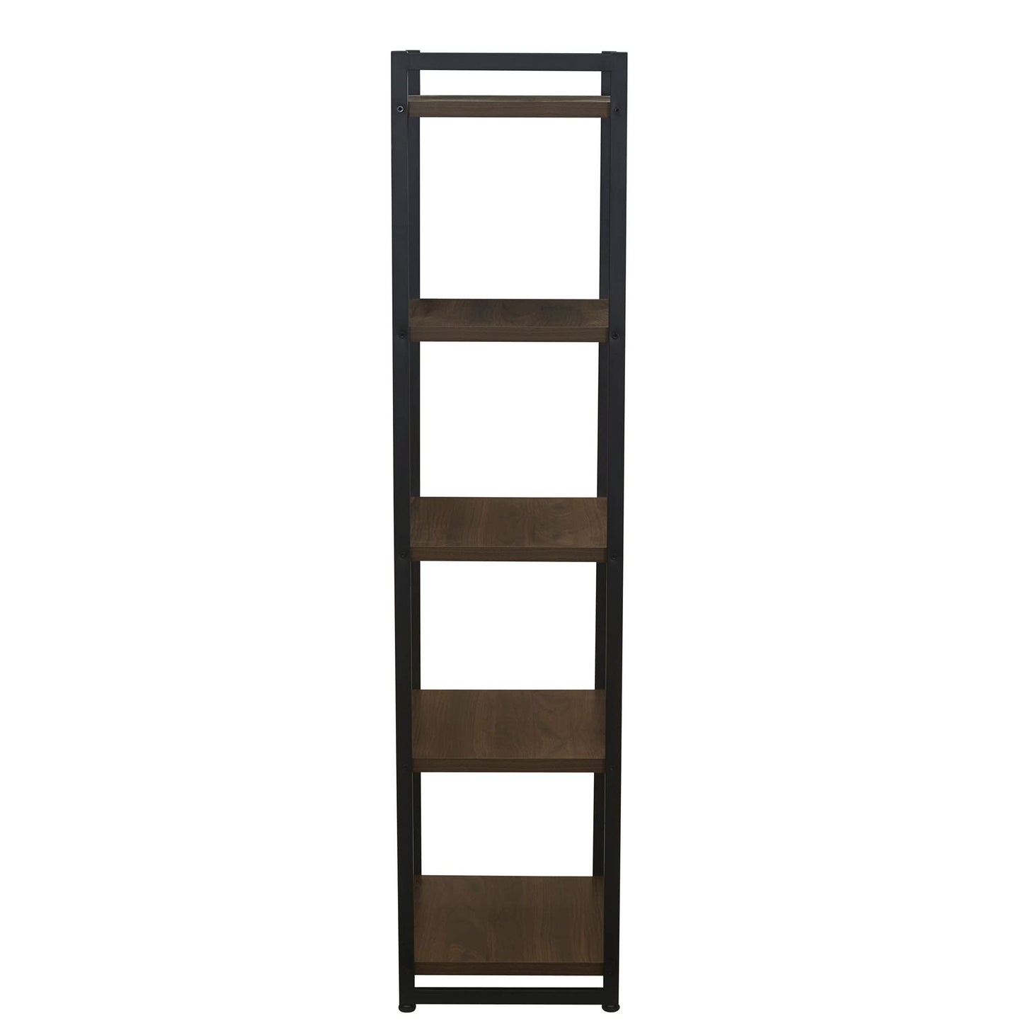 Household Essentials Jamestown Narrow 5 Shelf Open Storage Bookshelf Mid Century Walnut Wood Grain and Black Metal