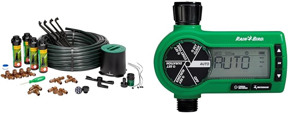 Rain Bird 32HE In-Ground Pro Rotor Pop-up Sprinkler System Kit with 4 32SA Geared Rotary Sprinklers and Electronic Digital Hose End Timer Controller