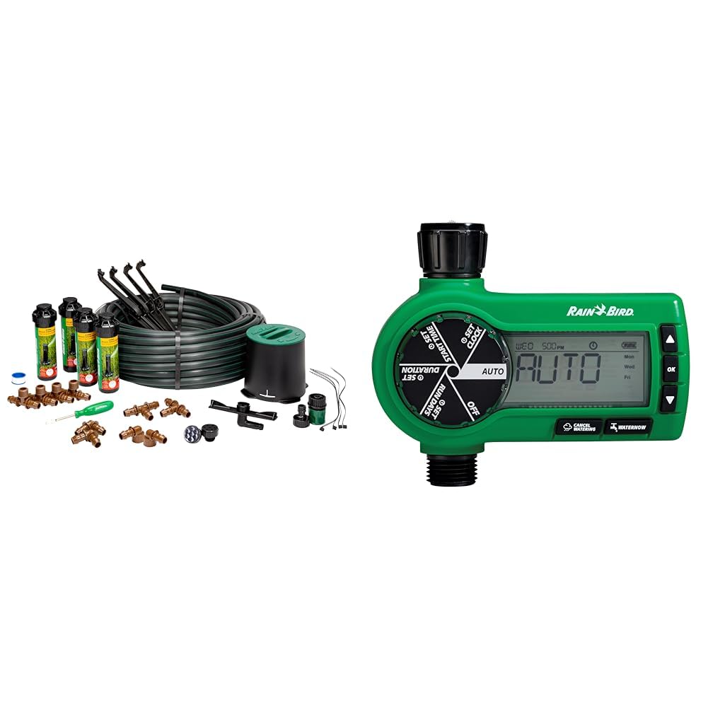 Rain Bird 32HE In-Ground Pro Rotor Pop-up Sprinkler System Kit with 4 32SA Geared Rotary Sprinklers and Electronic Digital Hose End Timer Controller