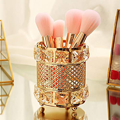 CY craft Gold Makeup Brush Holder,Brass Vintage Crystal Makeup Brush Organizer Handmade Cosmetic Brush Storage，Metal Eyebrow Pencil Pen Cup