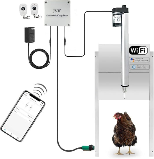 JVR Automatic Chicken Coop Smart Door Compatible with Alexa, Google Assistant, Home Assistant, Tuya - WiFi Electric Opener, Auto Sunrise/Sunset Dusk to Dawn Doors, Chicken Coop Accessories