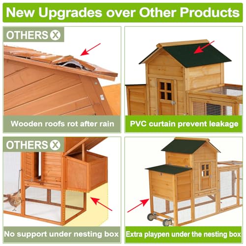 ECOLINEAR Large Chicken Coop with Wheels, Waterproof Outdoor Hen House for 6-8 Chickens, Movable Chicken House with Two Nesting Box, Removable Tray, PVC Cover, Wooden Duck Coop Rabbit Hutch
