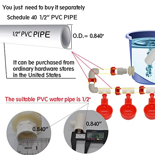 Complete Set Pipeline Automatic Chicken Nipple Waterer Cups and 1/2" PVC Tee Fittings Pipe Feeder Poultry Waterer Chicken Waterer pourtly Water Cup Durck Watering System