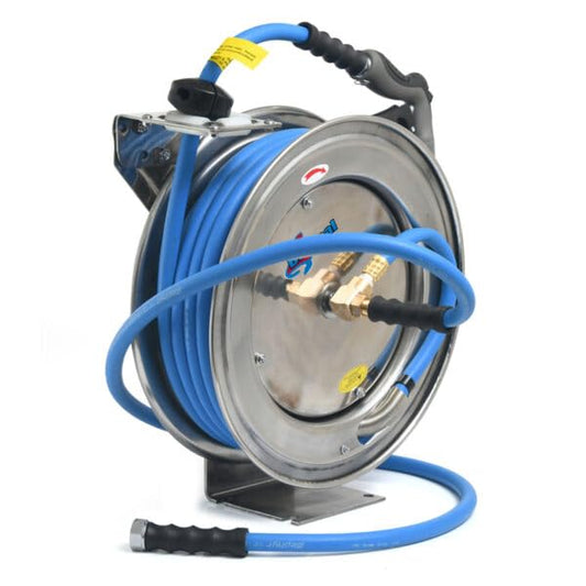 RMX BluSeal Auto Retractable Water Hose Reel with Hot & Cold Water Rubber Garden Hose, Spray Nozzle - Ultra Light, Super Strong with 6' Lead-in Hose (1/2" x 50' Stainless Steel)