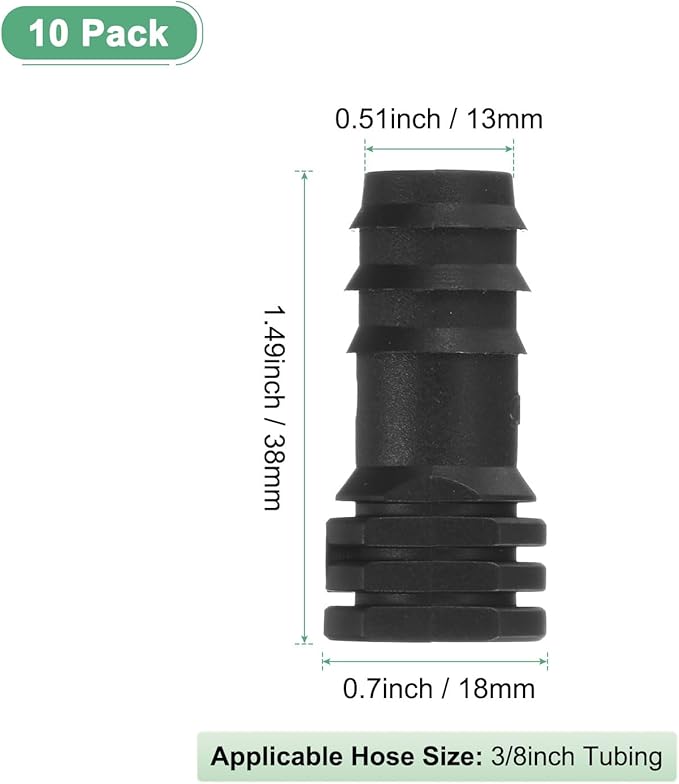 10-Pack Drip Irrigation Barbed Fittings, for 3/8 Inch End Plug Tubing Connector Plastic Coupling Irrigation Parts for Garden/Greenhouse/Aquarium/Flower Pot, Drip Pipe Accessories