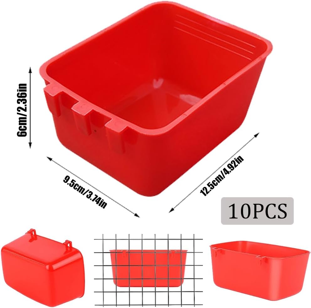 10 Pack Square Cage Cups Birds Feeders,Hanging Bird Chicken Feeder Waterer Cups,Plastic Drinker Quail Cage Waterer,Feeding Bowl for Rabbit Pigeon Parrot Parakeet Gamefowl,Red