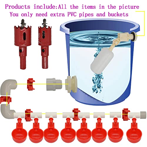 Complete Set Pipeline Automatic Chicken Nipple Waterer Cups and 1/2" PVC Tee Fittings Pipe Feeder Poultry Waterer Chicken Waterer pourtly Water Cup Durck Watering System
