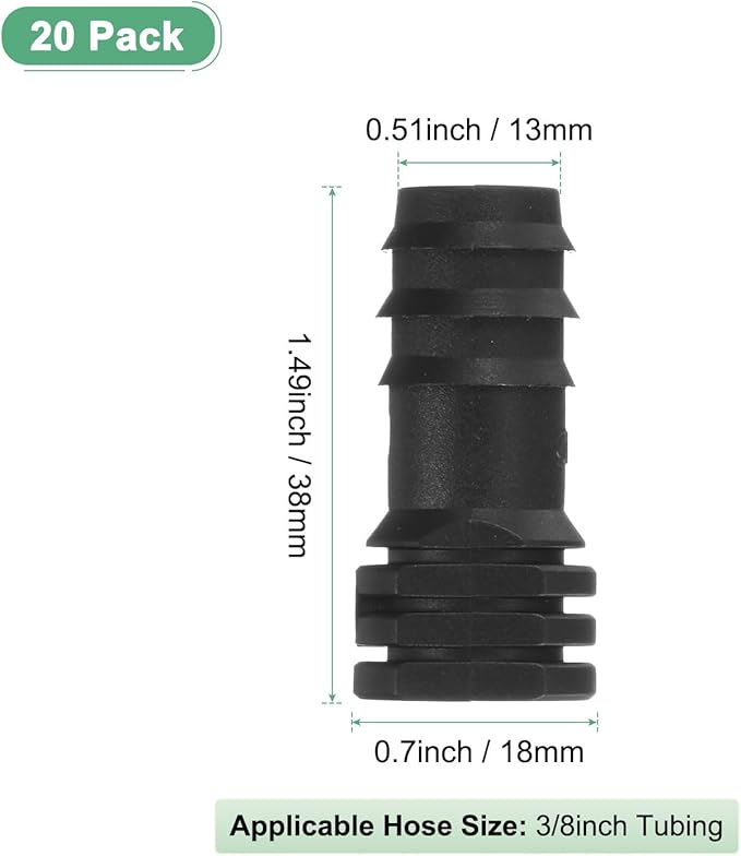 20-Pack Drip Irrigation Barbed Fittings, for 3/8 Inch End Plug Tubing Connector Plastic Coupling Irrigation Parts for Garden/Greenhouse/Aquarium/Flower Pot, Drip Pipe Accessories