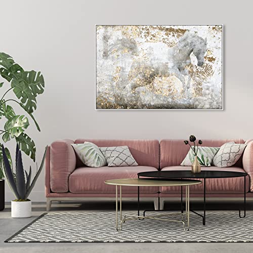Country Farmhouse Canvas Print Painting Animal Wall Art 'Running Horse' White Framed Canvas Rustic Home Décor 54x36 in White, Gold by Oliver Gal