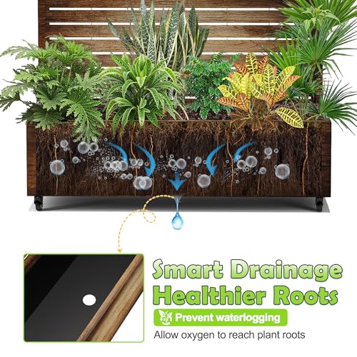 15.7"×70.9"×47.2" Metal Raised Garden Bed with Trellis and Wheels - Tall Trellis Planter Box for Climbing Plants, Vegetables & Vines - Outdoor Privacy Planters for Patio (Acacia Wood Grain-Louvered)