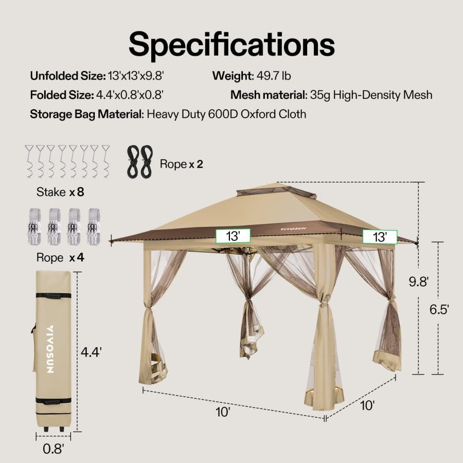 VIVOSUN 13 x 13 Pop Up Canopy Tent, Quick Setup Canopy Shelter with Mosquito Netting, Center Lock, Storage Bag, Instant Outdoor Gazebo for Parties, Patio, Lawn, Garden, Backyard, Khaki