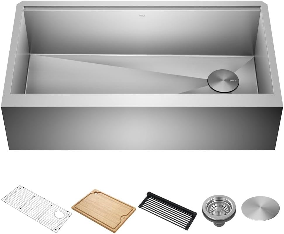 KRAUS Kore 36-Inch Modern Farmhouse Workstation 16 Gauge Single Bowl Stainless Steel Kitchen Sink with Accessories, KWF410-36