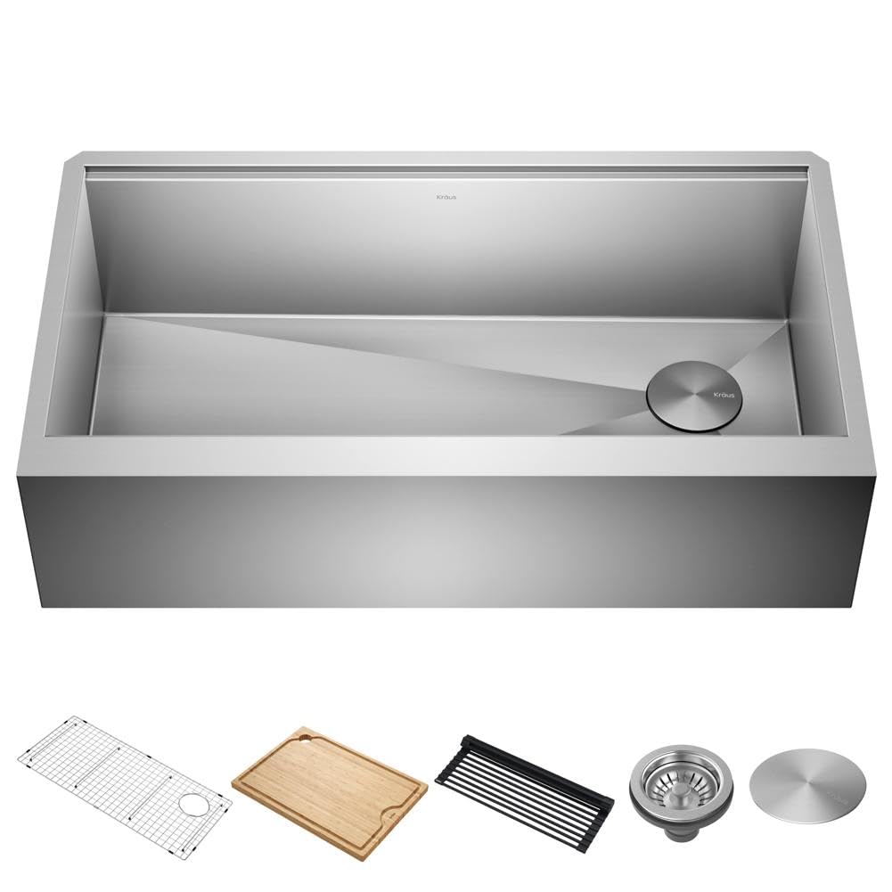 KRAUS Kore 36-Inch Modern Farmhouse Workstation 16 Gauge Single Bowl Stainless Steel Kitchen Sink with Accessories, KWF410-36